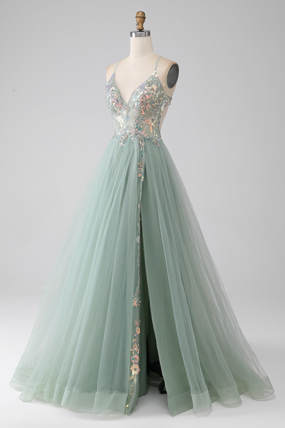 Vestido de fiesta verde claro con cuentas de una línea con abertura