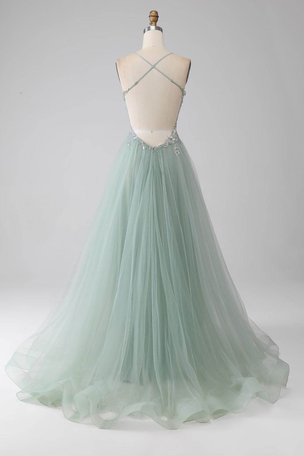 Vestido de fiesta verde claro con cuentas de una línea con abertura