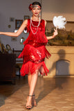 1920s Vestido Lentejuelas Rojo Flecos