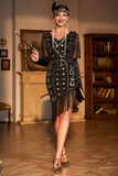 1920s Vestido Lentejuelas Flecos Cuello en V Negro Dorado