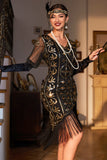 1920s Vestido Lentejuelas Flecos Cuello en V Negro Dorado
