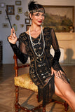 1920s Vestido Lentejuelas Flecos Cuello en V Negro Dorado