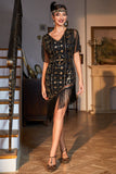1920s Vestido Lentejuelas Flecos Cuello en V Negro Dorado