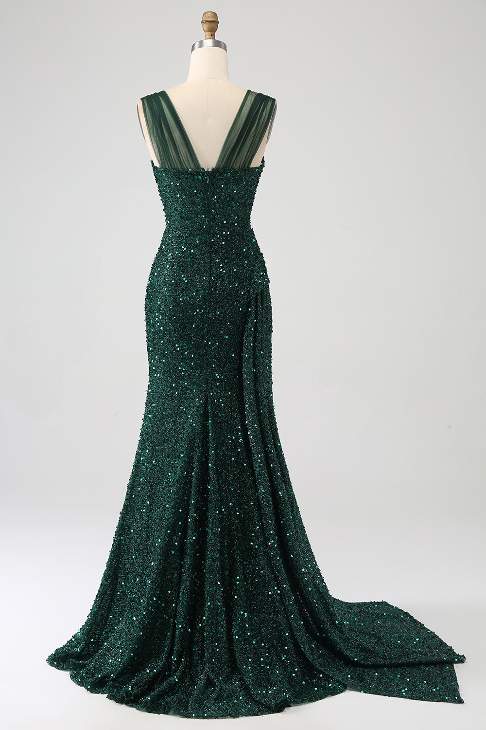 Vestido de fiesta largo plisado de lentejuelas brillantes con abertura en el muslo verde oscuro