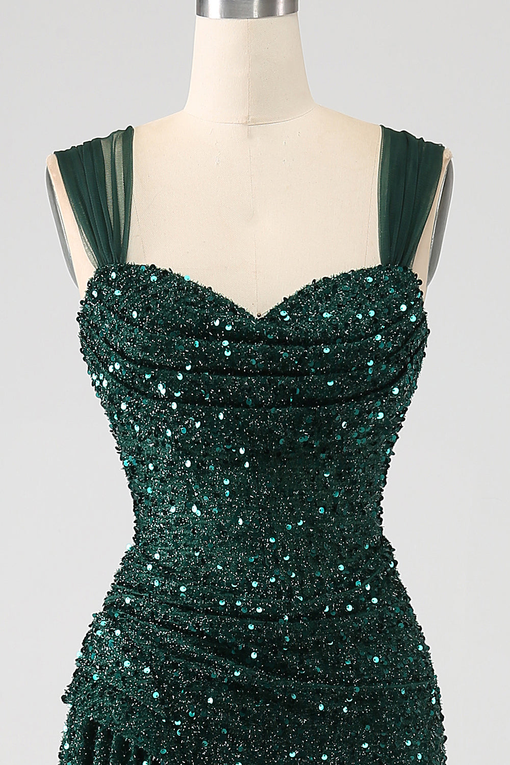 Vestido de fiesta largo plisado de lentejuelas brillantes con abertura en el muslo verde oscuro
