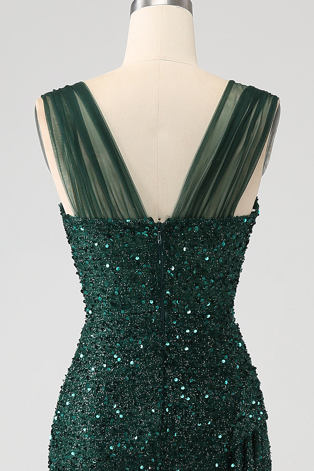 Vestido de fiesta largo plisado de lentejuelas brillantes con abertura en el muslo verde oscuro