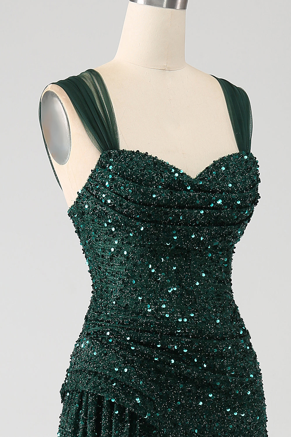Vestido de fiesta largo plisado de lentejuelas brillantes con abertura en el muslo verde oscuro