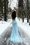 Sirena Azul Tirantes de Espagueti Vestido de Fiesta Con Apliques