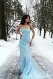 Sirena Azul Tirantes de Espagueti Vestido de Fiesta Con Apliques