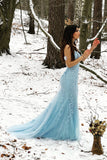 Sirena Azul Tirantes de Espagueti Vestido de Fiesta Con Apliques