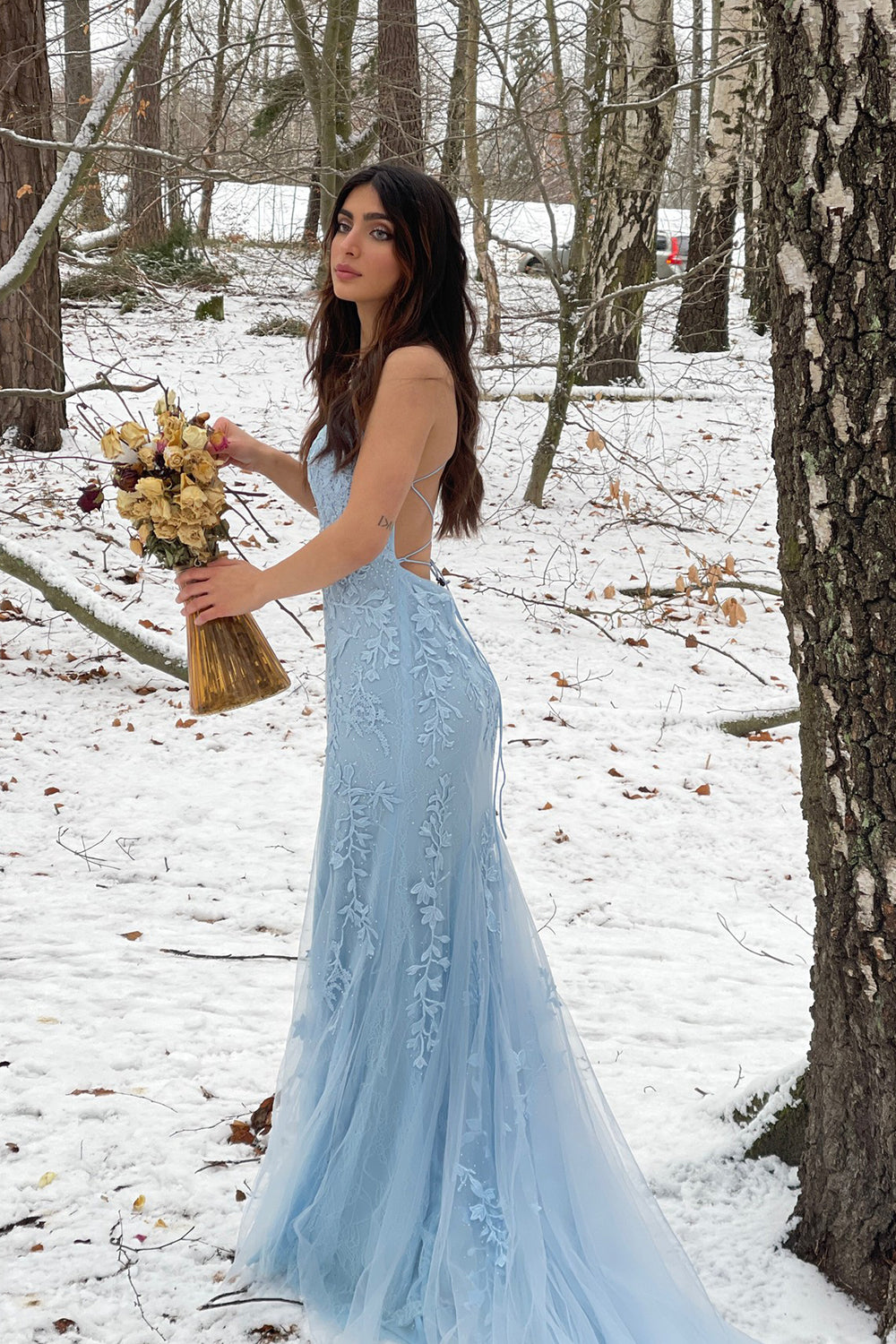 Sirena Azul Tirantes de Espagueti Vestido de Fiesta Con Apliques