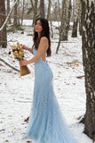 Sirena Azul Tirantes de Espagueti Vestido de Fiesta Con Apliques