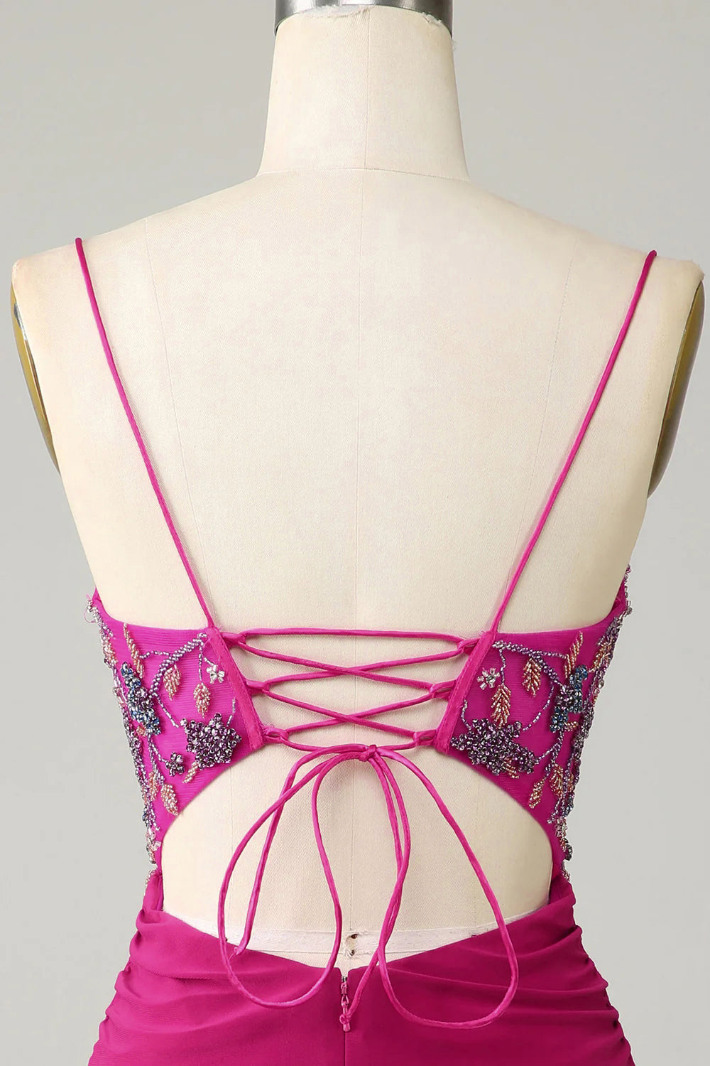 Elegante Tirantes de Espagueti Fucsia Vestido Corto Con Cuentas