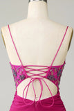 Elegante Tirantes de Espagueti Fucsia Vestido Corto Con Cuentas