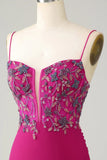 Elegante Tirantes de Espagueti Fucsia Vestido Corto Con Cuentas