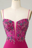 Elegante Tirantes de Espagueti Fucsia Vestido Corto Con Cuentas