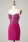Elegante Tirantes de Espagueti Fucsia Vestido Corto Con Cuentas