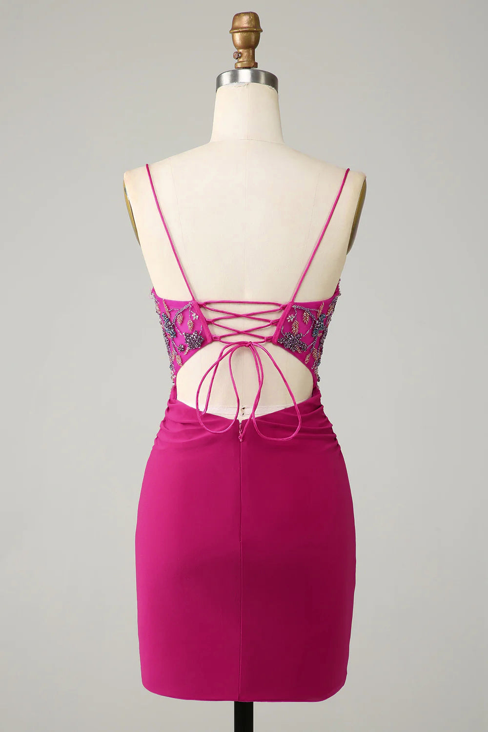 Elegante Tirantes de Espagueti Fucsia Vestido Corto Con Cuentas