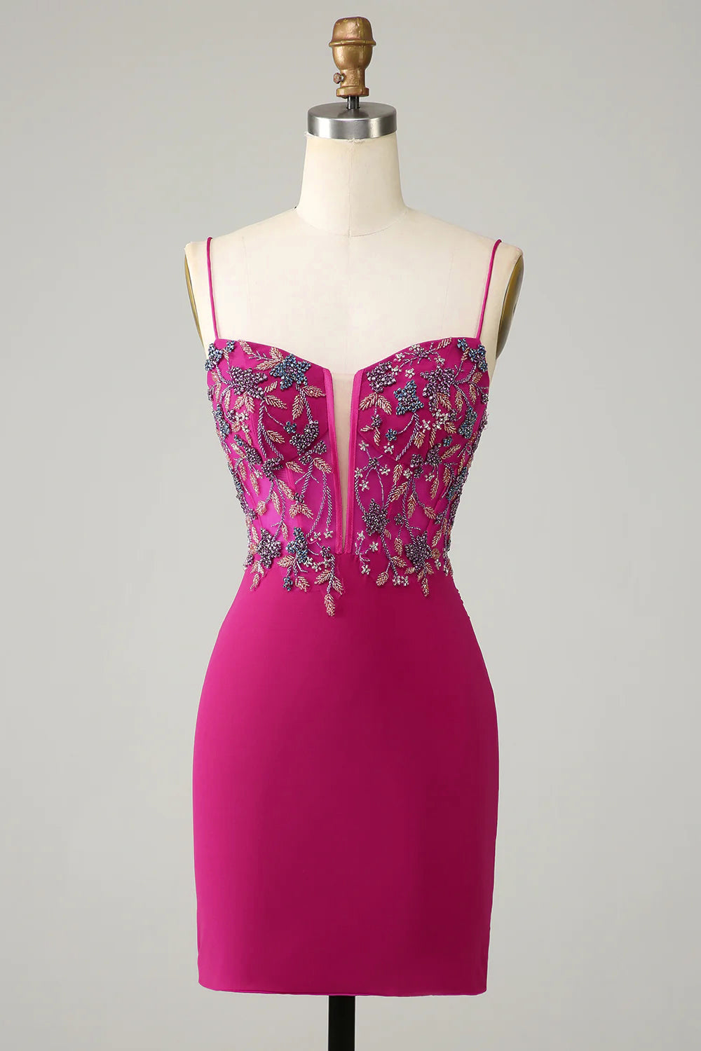 Elegante Tirantes de Espagueti Fucsia Vestido Corto Con Cuentas