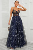 Tirantes de espagueti Navy Long Prom Vestido con estrella