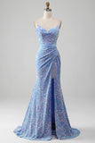 Vestido de fiesta de lentejuelas de sirena azul claro brillante con abertura