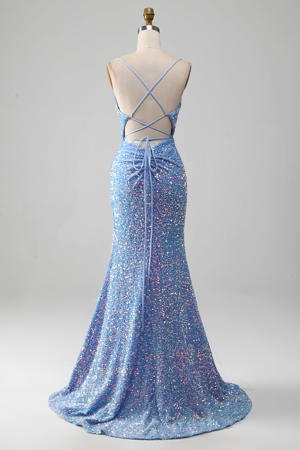 Vestido de fiesta de lentejuelas de sirena azul claro brillante con abertura