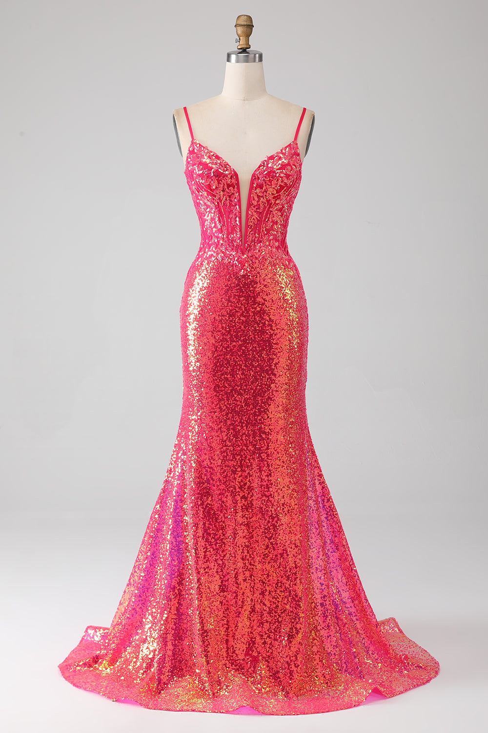 Vestido de fiesta fucsia de sirena brillante con lentejuelas