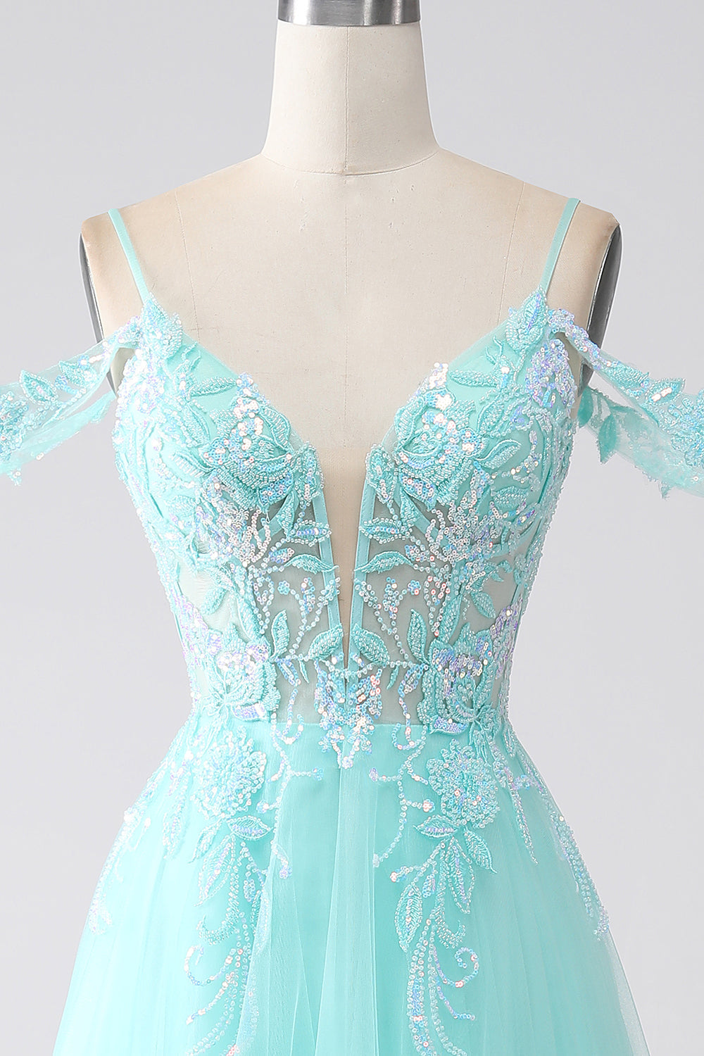 Vestido de fiesta de lentejuelas con hombros fríos verde claro