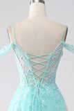 Vestido de fiesta de lentejuelas con hombros fríos verde claro