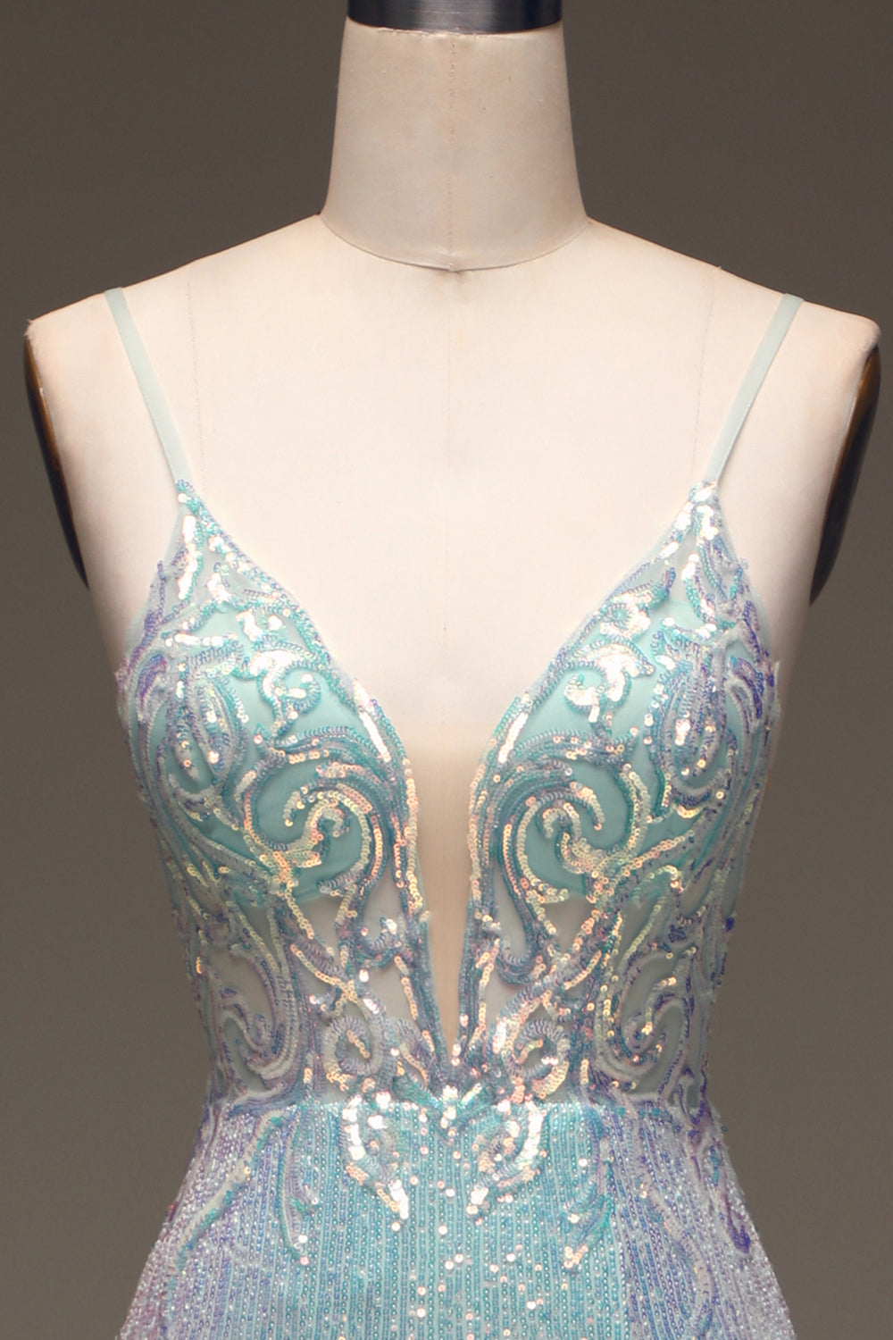 Vestido de fiesta azul gris sirena brillante con abertura