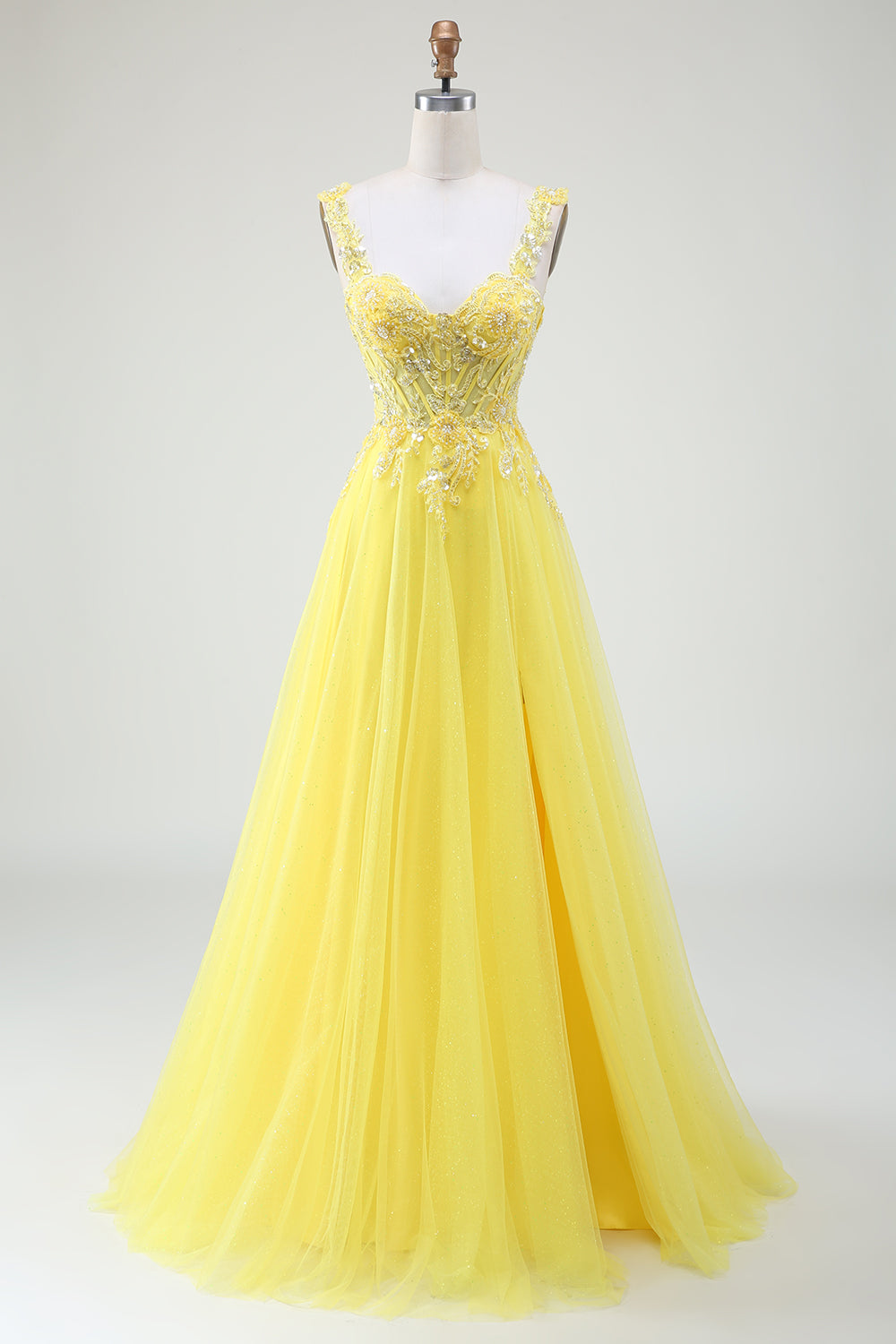 Vestido de fiesta corsé amarillo con cuentas de tul con abertura