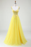 Vestido de fiesta corsé amarillo con cuentas de tul con abertura