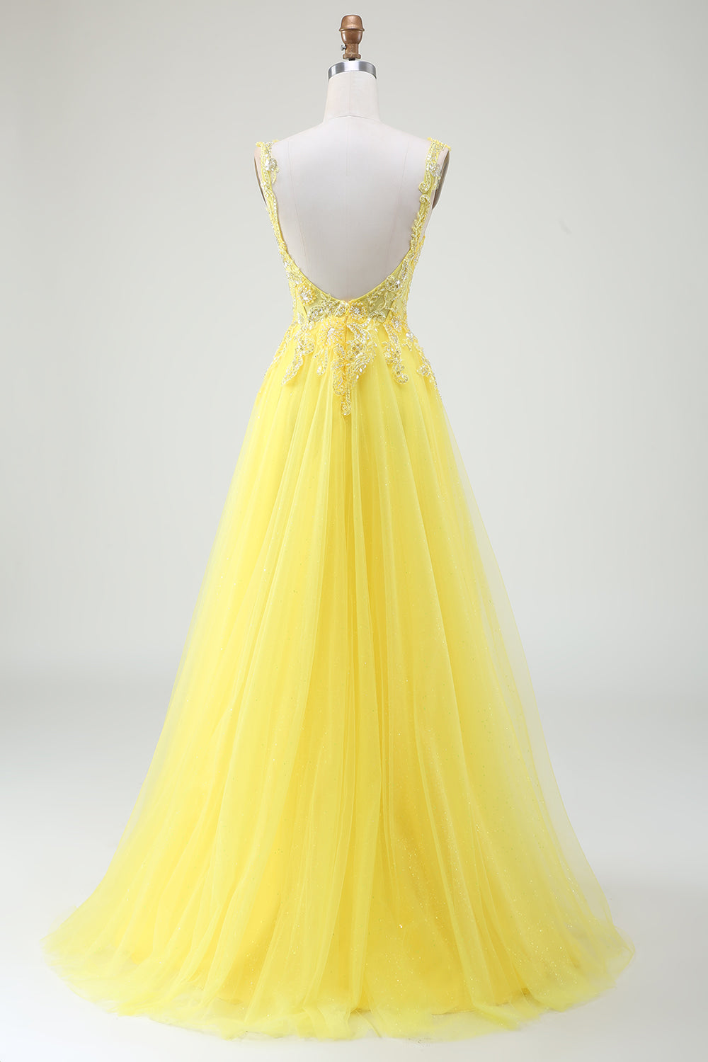Vestido de fiesta corsé amarillo con cuentas de tul con abertura