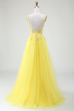 Vestido de fiesta corsé amarillo con cuentas de tul con abertura