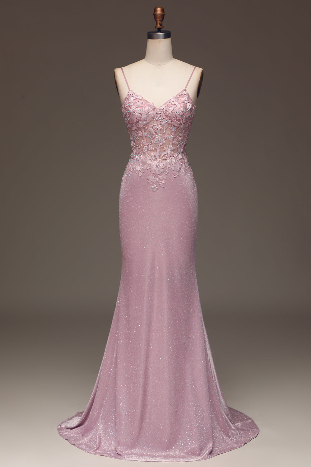 Vestido de fiesta largo de tirantes de sirena con rubor brillante con abalorios