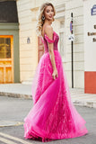 Vestido de fiesta de corsé rosa caliente brillante de Shoudler frío de una línea con abalorios