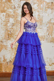 Precioso vestido de fiesta largo azul real con tirantes de espagueti de una línea con apliques de volantes