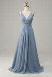 Gris Azul Cuello en V A Línea Vestido de Dama de Honor