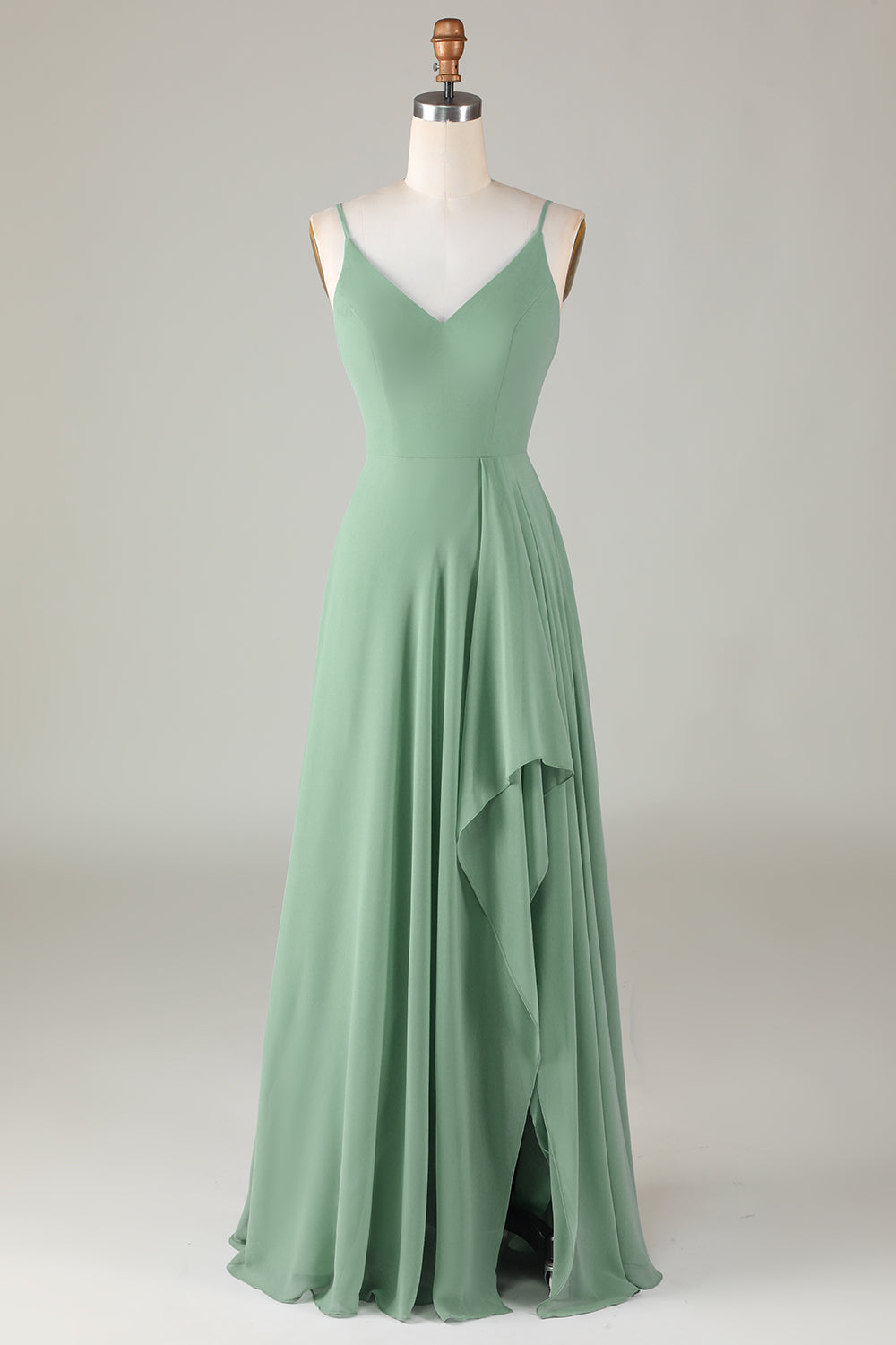Spaghetti Straps Matcha Vestido de dama de honor largo con volantes