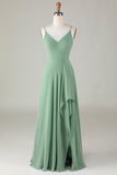 Spaghetti Straps Matcha Vestido de dama de honor largo con volantes
