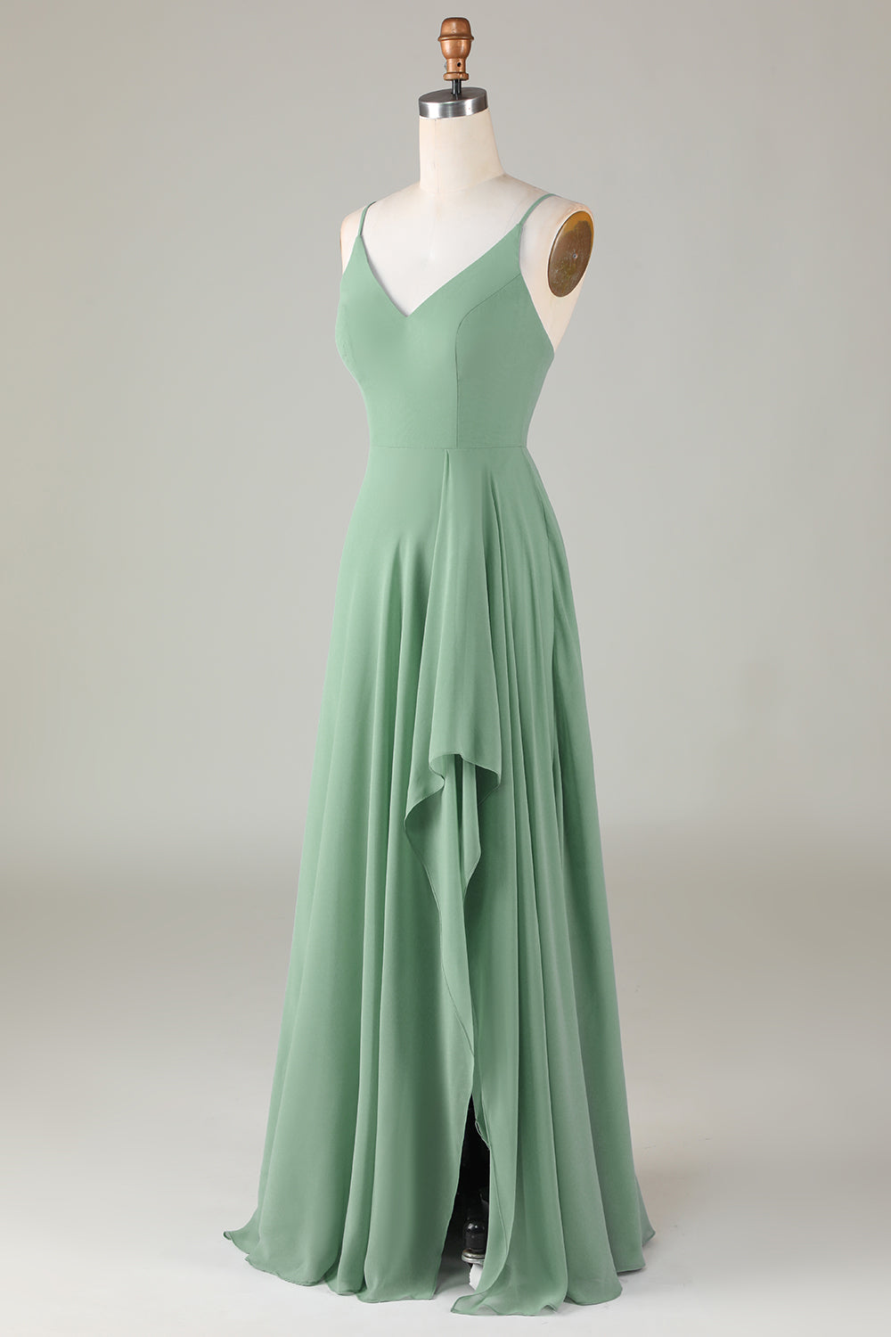 Spaghetti Straps Matcha Vestido de dama de honor largo con volantes
