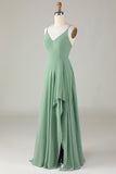 Spaghetti Straps Matcha Vestido de dama de honor largo con volantes