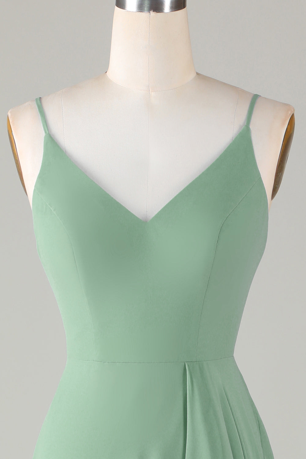 Spaghetti Straps Matcha Vestido de dama de honor largo con volantes