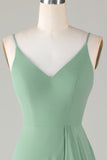 Spaghetti Straps Matcha Vestido de dama de honor largo con volantes
