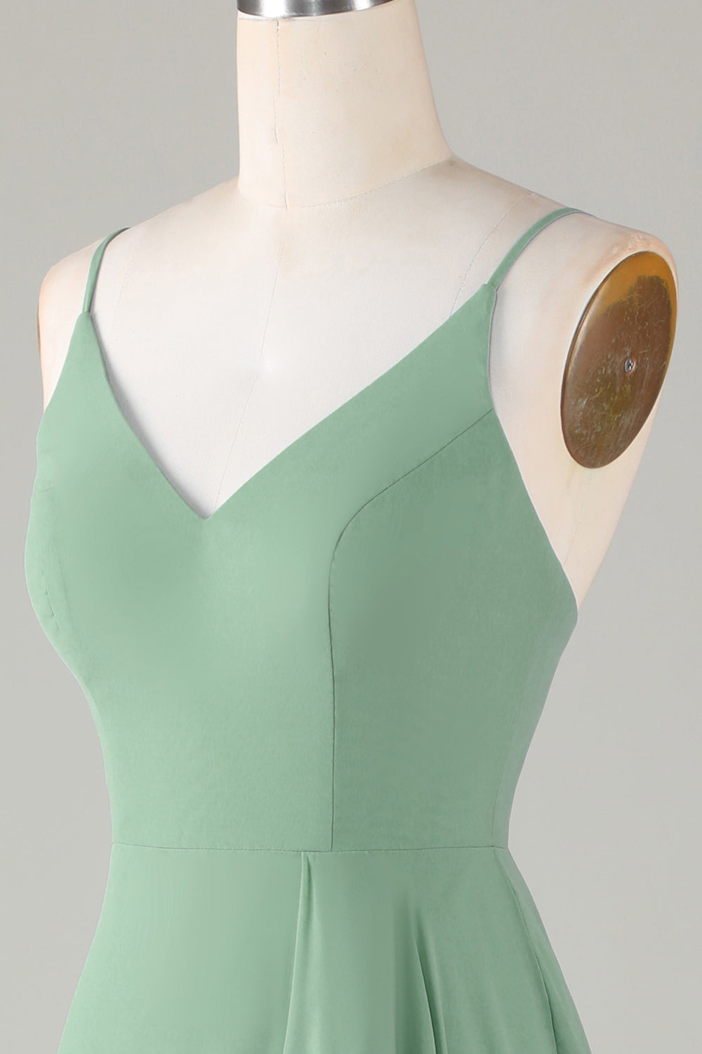 Spaghetti Straps Matcha Vestido de dama de honor largo con volantes