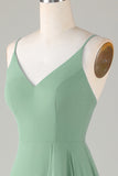Spaghetti Straps Matcha Vestido de dama de honor largo con volantes