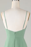 Spaghetti Straps Matcha Vestido de dama de honor largo con volantes