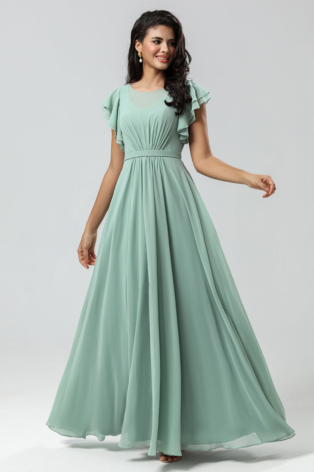Vestido de dama de honor verde de gasa de una línea con plisado
