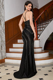 Tirantes de espagueti de sirena brillante Vestido de fiesta largo negro con pedrería dividida en la parte delantera