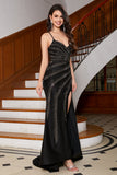 Tirantes de espagueti de sirena brillante Vestido de fiesta largo negro con pedrería dividida en la parte delantera